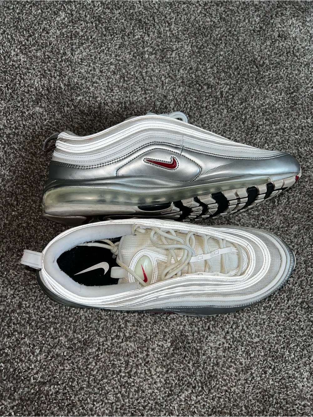 Men’s Metallic Silver and White Air Max 97 Sneakers